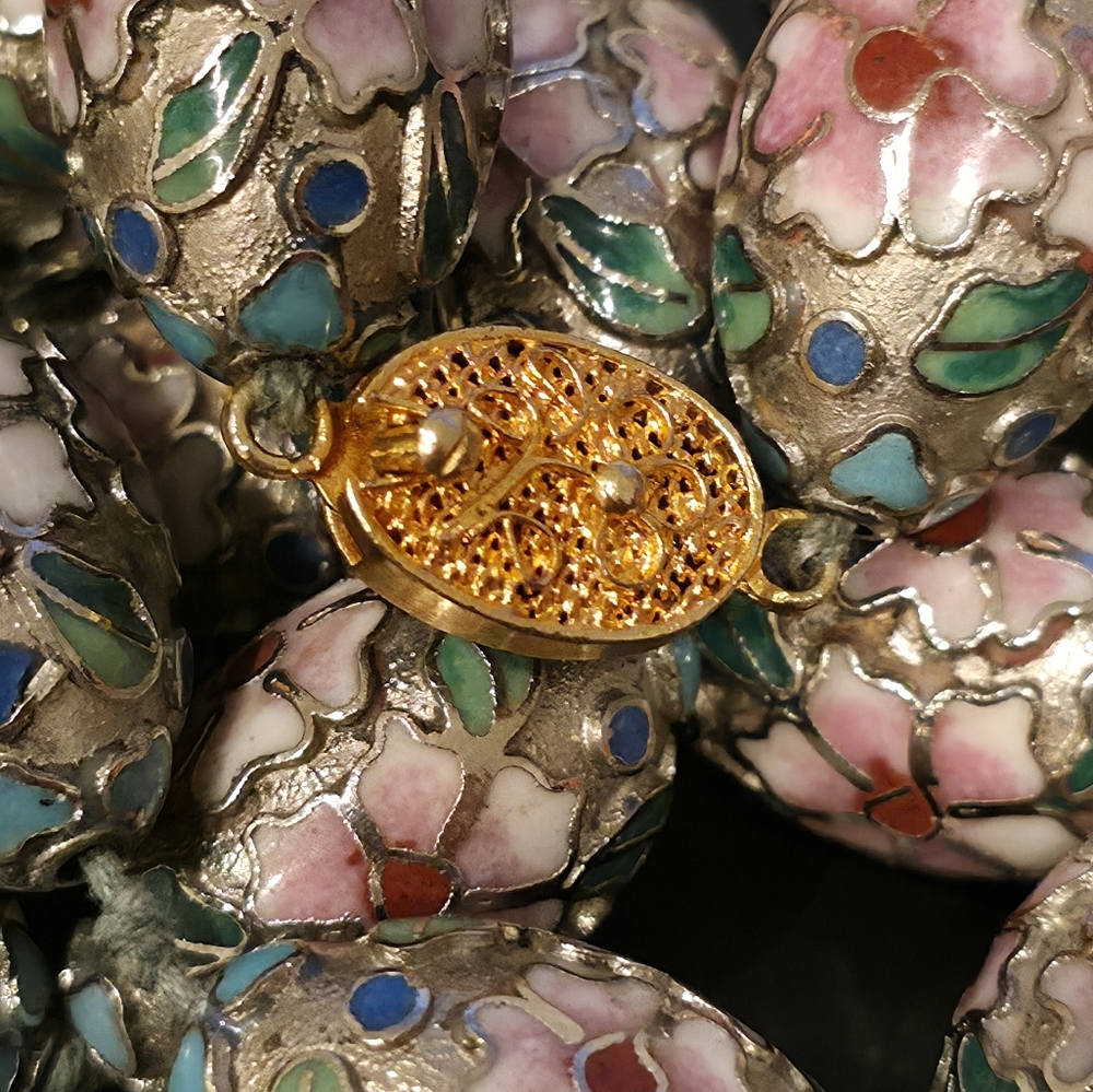 Vintage Chinese Cloissone Oval Beaded Floral Choker Necklace Stamped - Picture 5 of 12